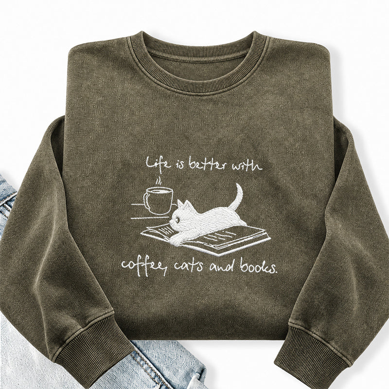 Embroidered Life Is Better With Coffee Book Cat Washed Crewneck Sweatshirt