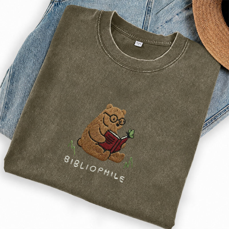 Embroidered Reading Bear Washed Crew Neck T-Shirt