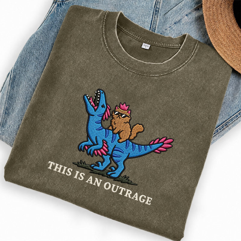 Embroidered This Is An Outrage Book Lover Washed Crew Neck T-Shirt