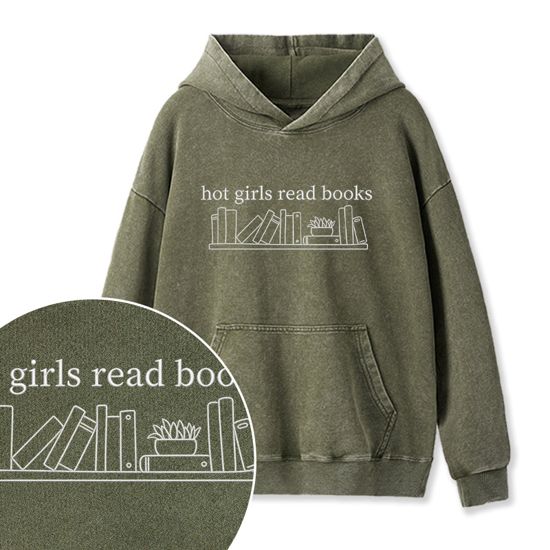 Embroidered Hot Girls Read Books Washed Hoodie