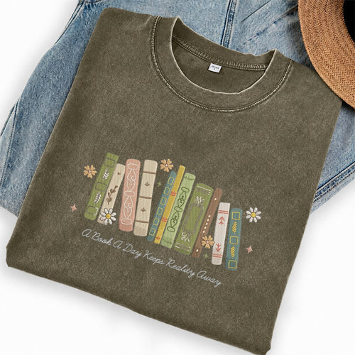 Embroidered A Book A Day Washed Crew Neck T-Shirt