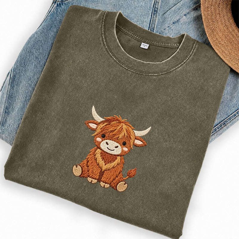 Embroidered Highland Cow Washed Crew Neck T-Shirt