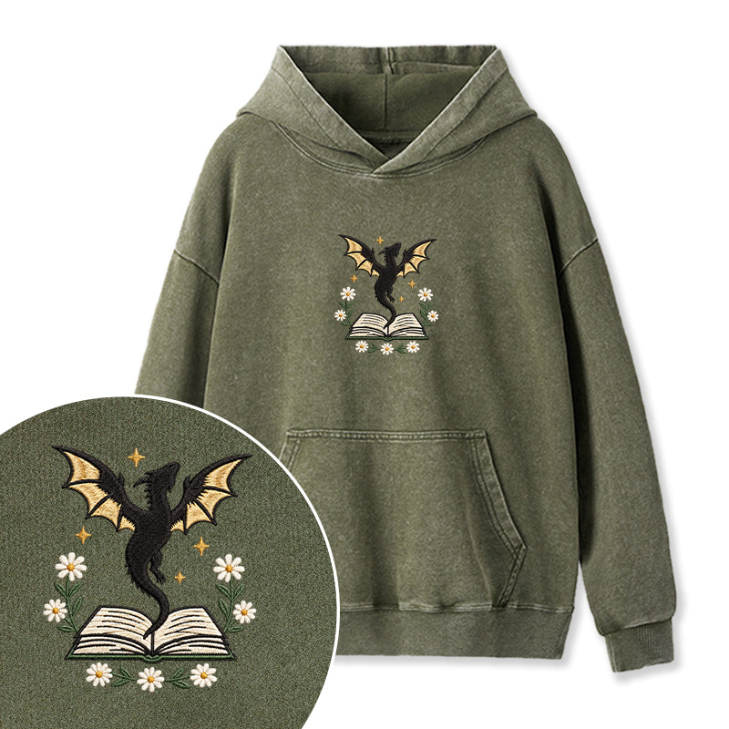 Embroidered Dragon Floral Book Washed Hoodie