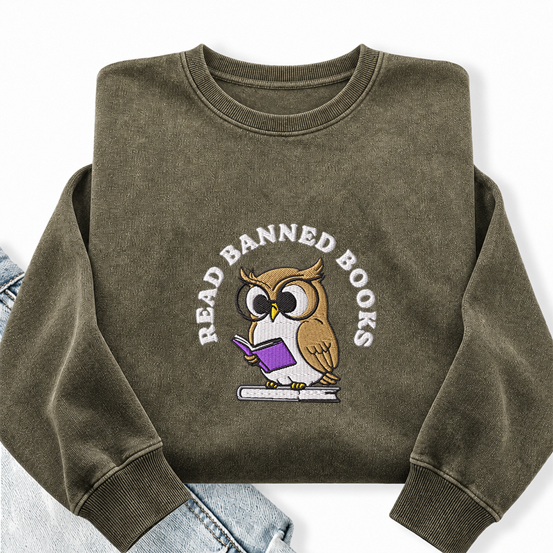 Embroidered Read Banned Books Owl Washed Crewneck Sweatshirt