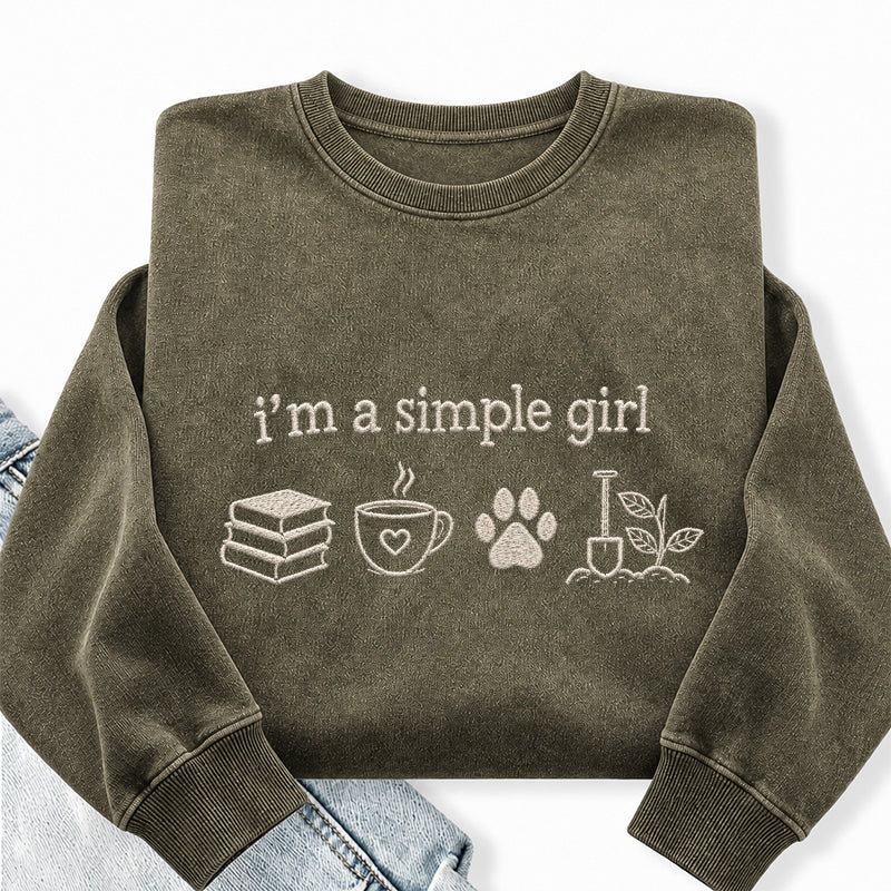 Embroidered Simple Girl Book Coffee Plant Washed Crewneck Sweatshirt