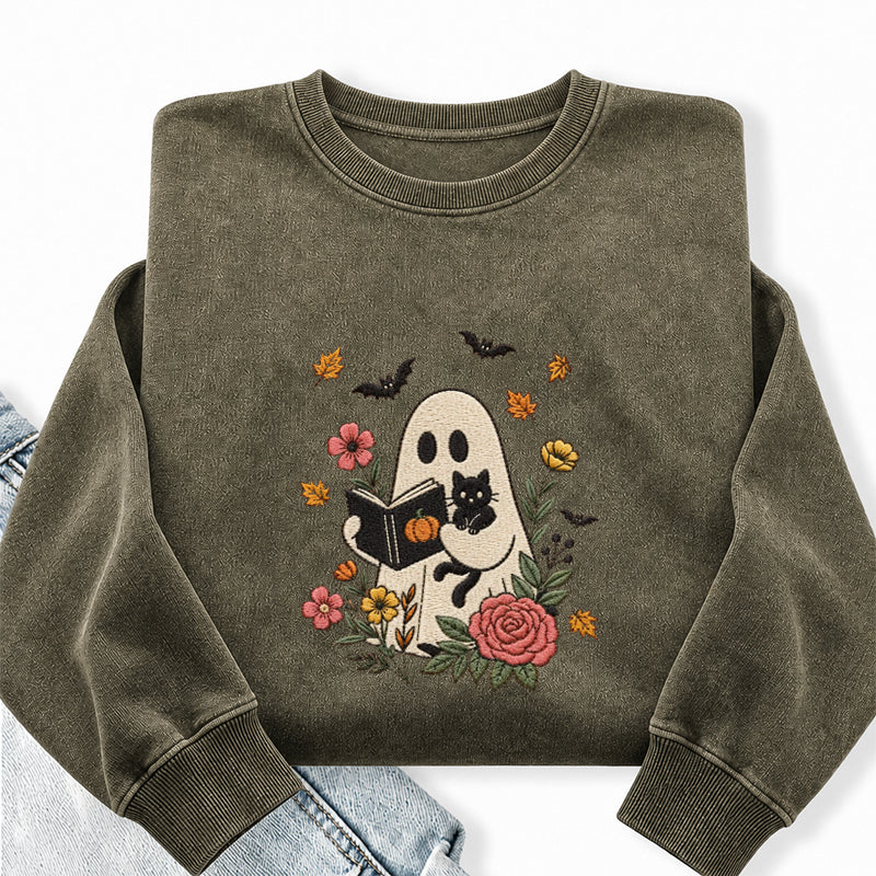 Embroidered Floral Ghost Reading Book Washed Crewneck Sweatshirt