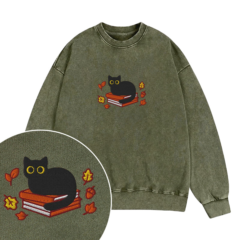 Embroidered Autumn Black Cat Book Washed Crewneck Sweatshirt