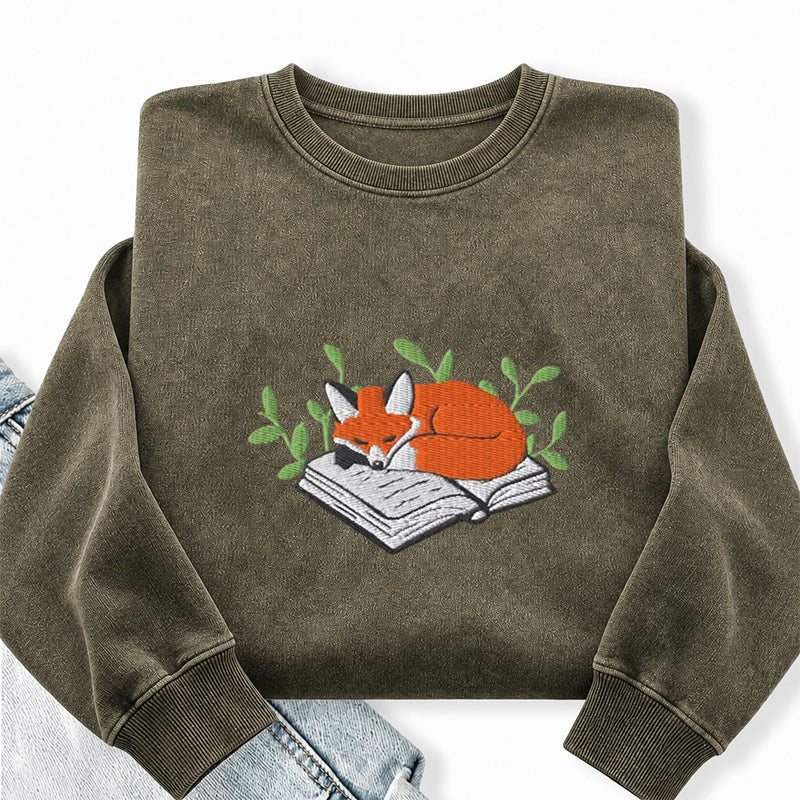 Embroidered Fox Book Nap Washed Crewneck Sweatshirt
