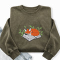 Embroidered Fox Book Nap Washed Crewneck Sweatshirt