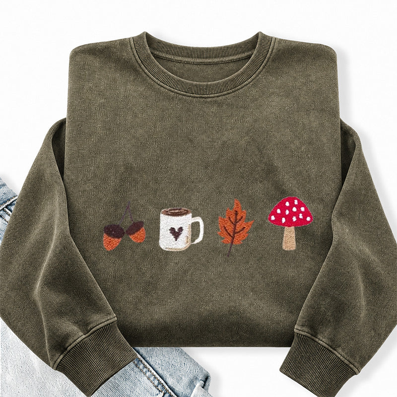 Embroidered Cozy Autumn Washed Crewneck Sweatshirt