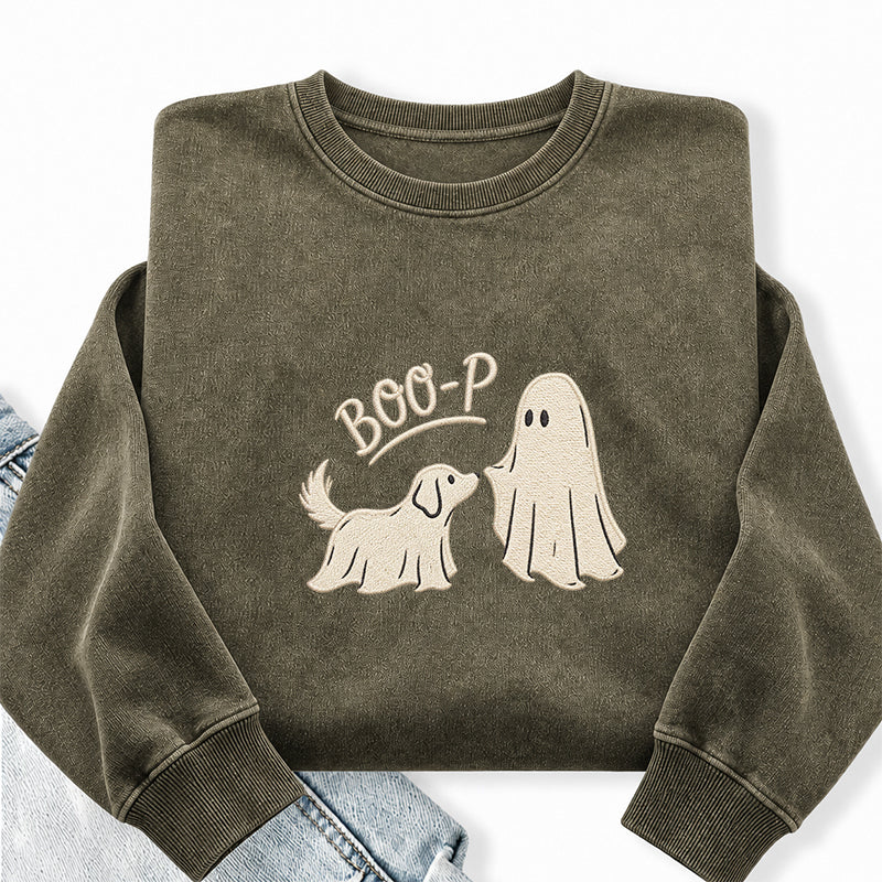 Embroidered Boo-P Ghost Dog Washed Crewneck Sweatshirt