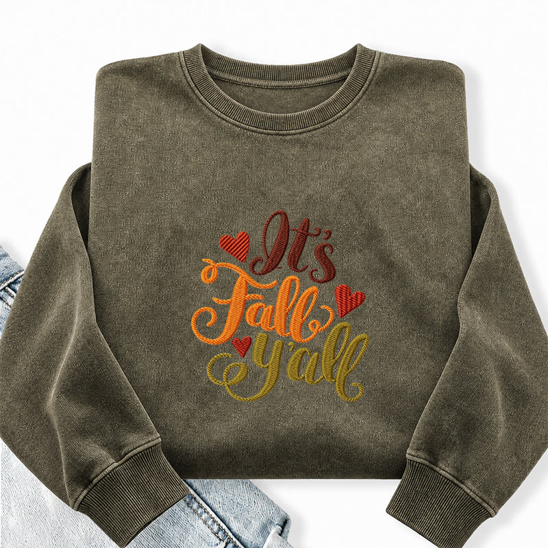 Embroidered It's Fall Yall Washed Crewneck Sweatshirt