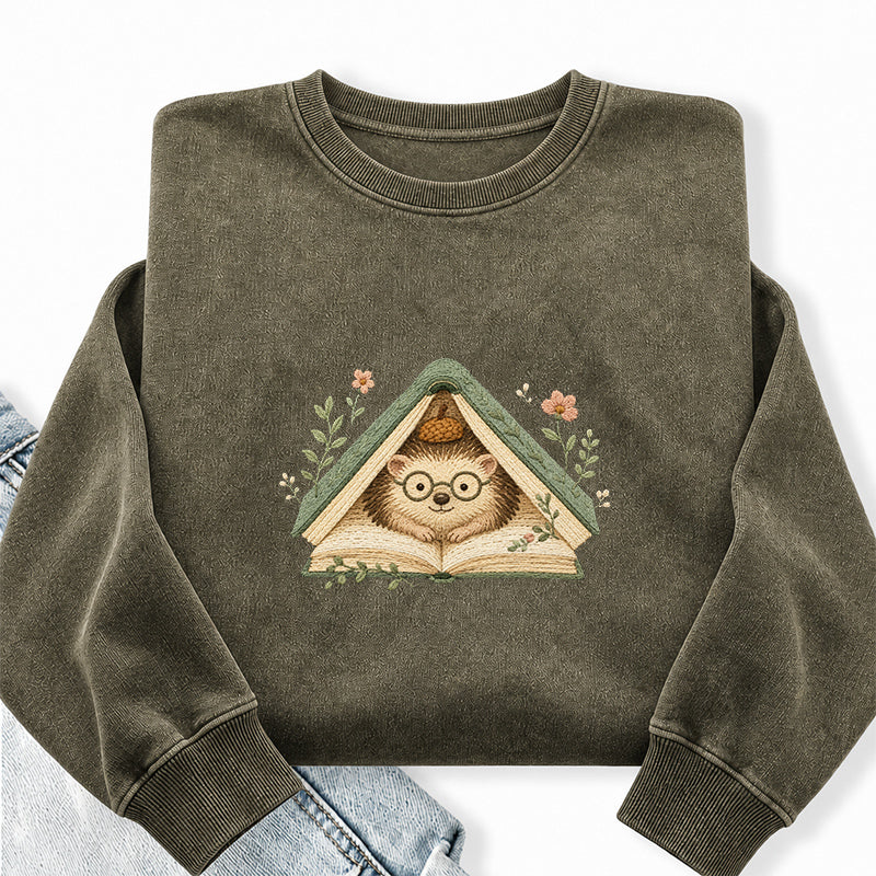 Embroidered Reading Hedgehog Washed Crewneck Sweatshirt
