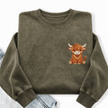Embroidered Highland Cow Washed Crewneck Sweatshirt