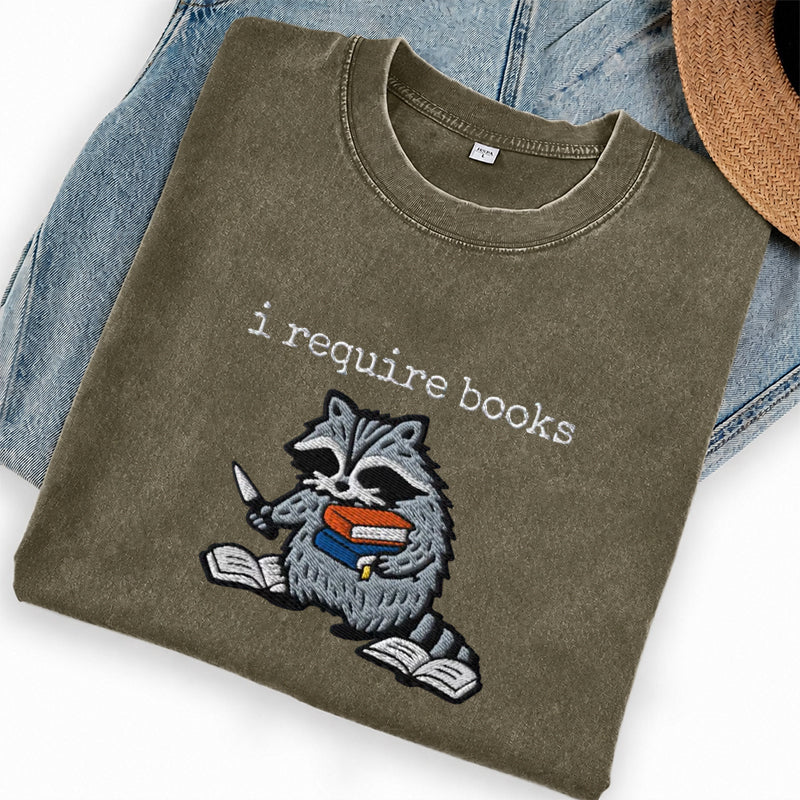 Embroidered I Require Books Washed Crew Neck T-Shirt