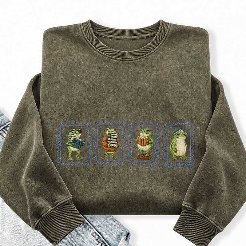Embroidered Bookish Frog Stamp Washed Crewneck Sweatshirt