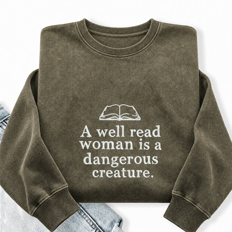 Embroidered A Well Read Woman Washed Crewneck Sweatshirt