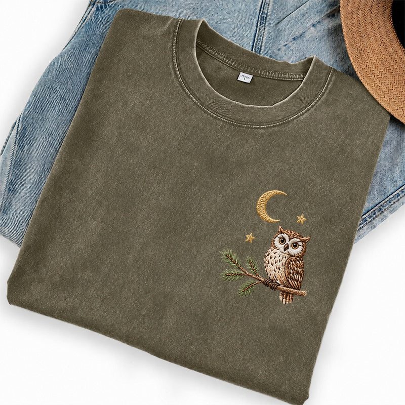 Embroidered Night Owl Washed Crew Neck T-Shirt