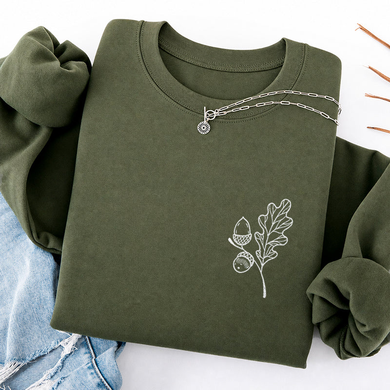 Embroidered Acorns And Leaves Classic Crewneck Sweatshirt
