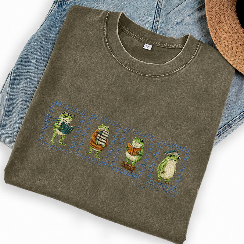 Embroidered Bookish Frog Stamp Washed Crew Neck T-Shirt