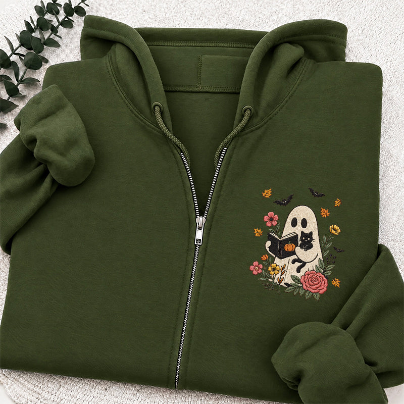 Embroidered Floral Ghost Reading Classic Full Zip Hoodie
