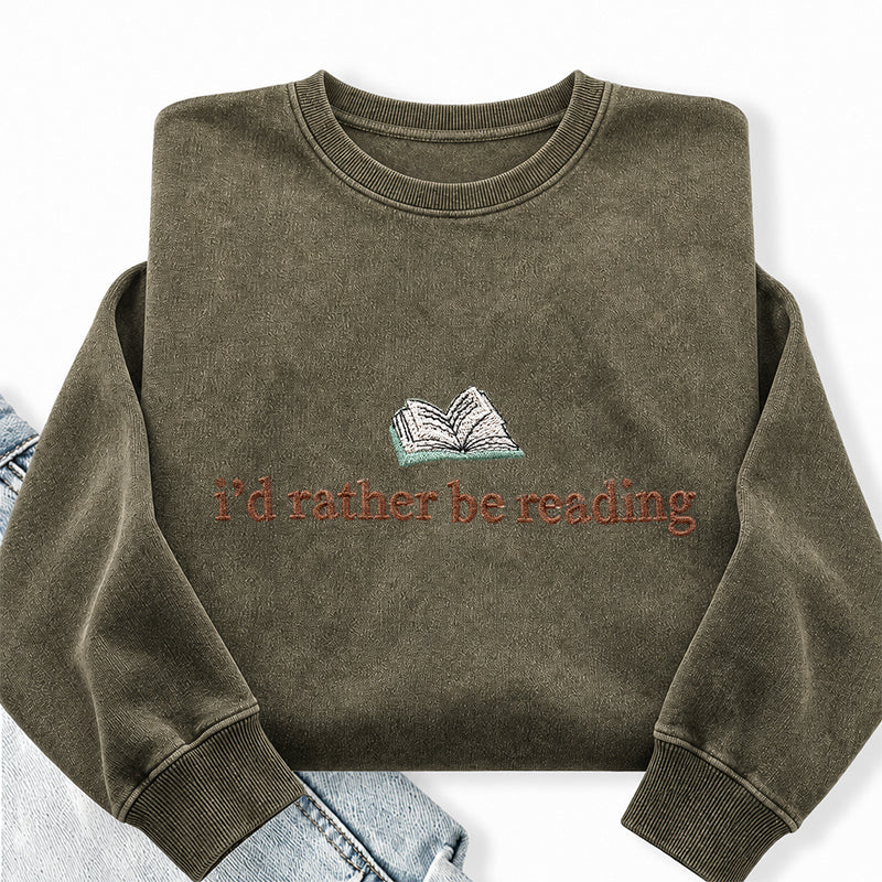 Embroidered I'd Rather Be Reading Washed Crewneck Sweatshirt