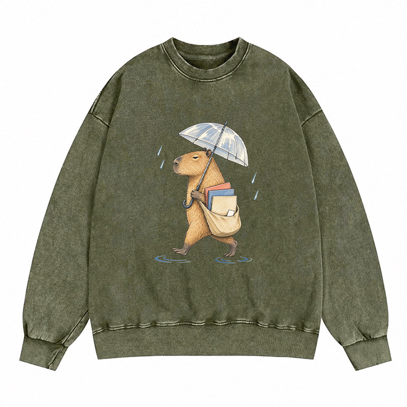 Capybara Rainy Day Book Washed Crewneck Sweatshirt