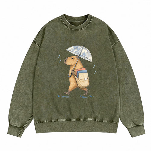 Capybara Rainy Day Book Washed Crewneck Sweatshirt