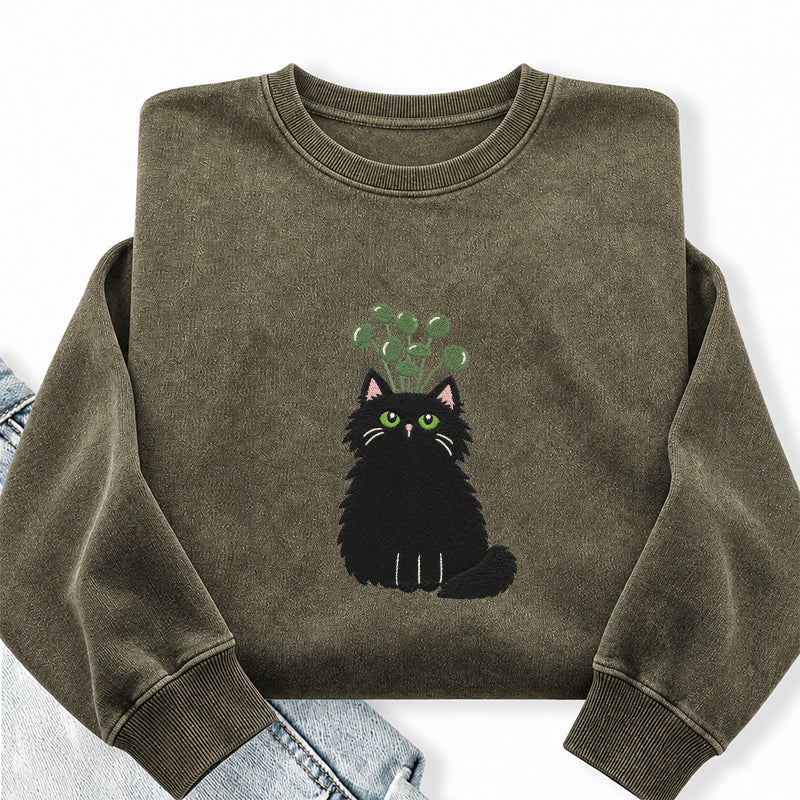 Embroidered Plant Black Cat Washed Crewneck Sweatshirt