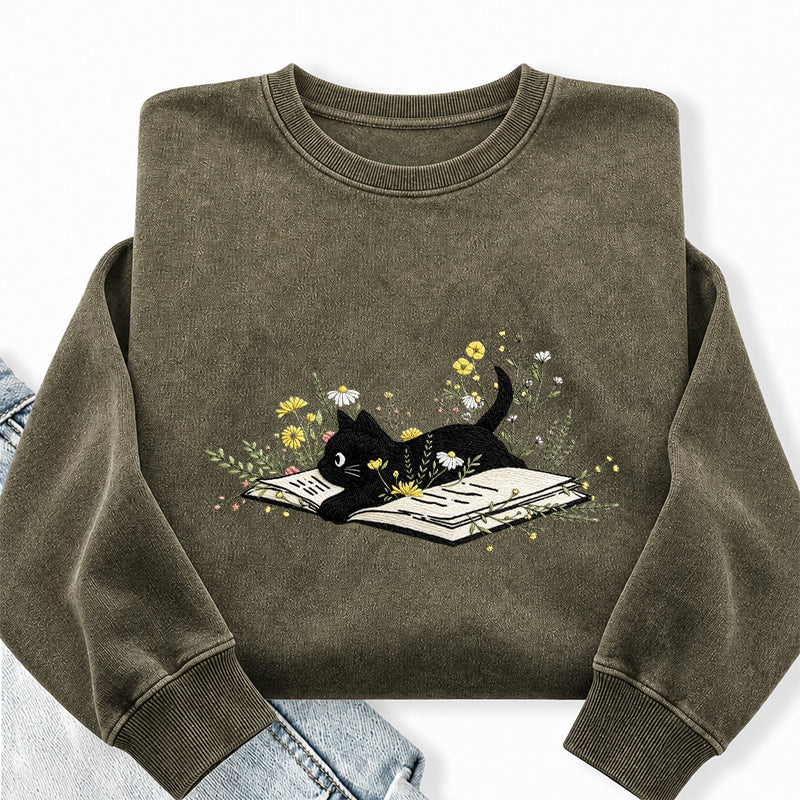 Embroidered Floral Book Cat Washed Crewneck Sweatshirt