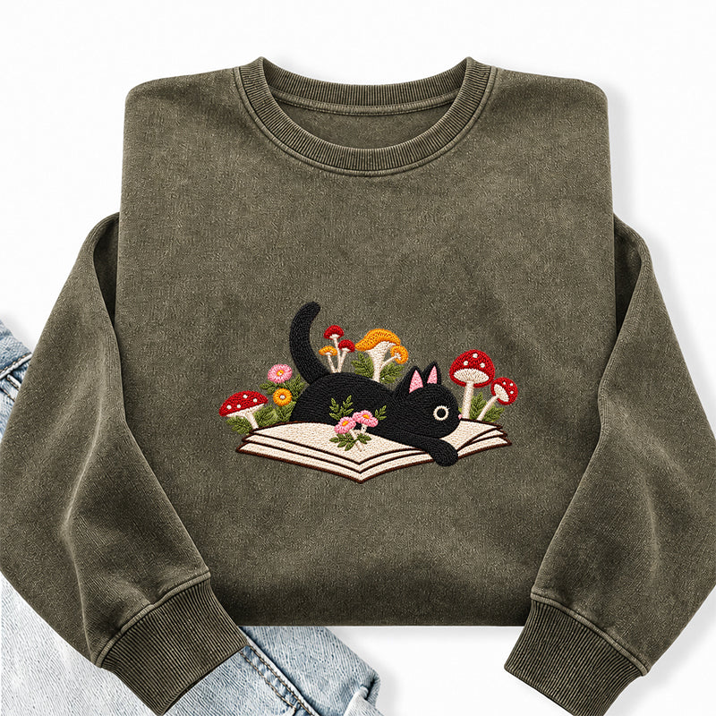 Embroidered Black Cat Mushroom Book Washed Crewneck Sweatshirt