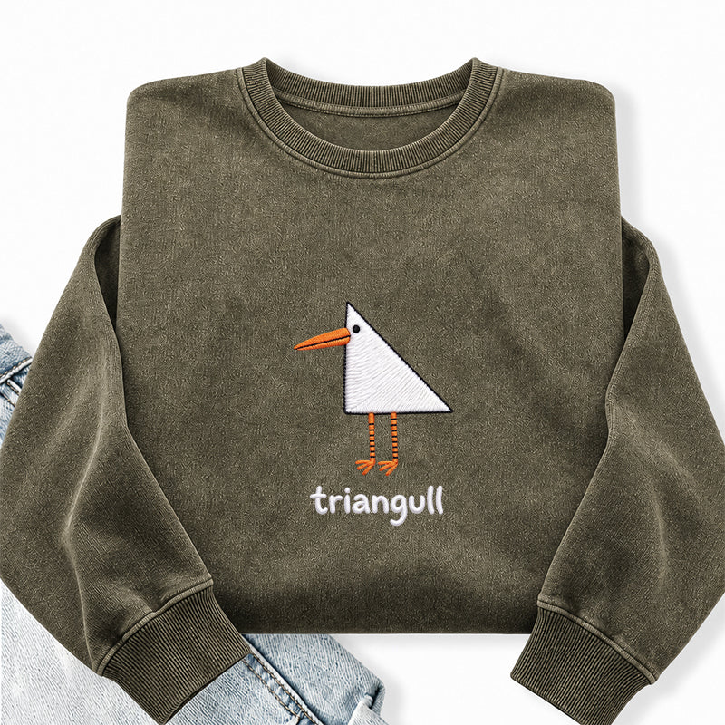 Embroidered Funny Triangull Seagull Washed Crewneck Sweatshirt