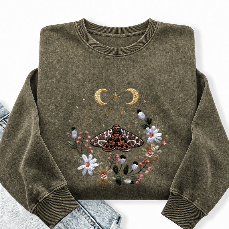 Embroidered Cottagecore Moth Washed Crewneck Sweatshirt