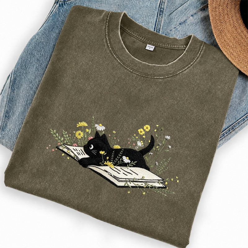 Embroidered Floral Book Cat Washed Crew Neck T-Shirt
