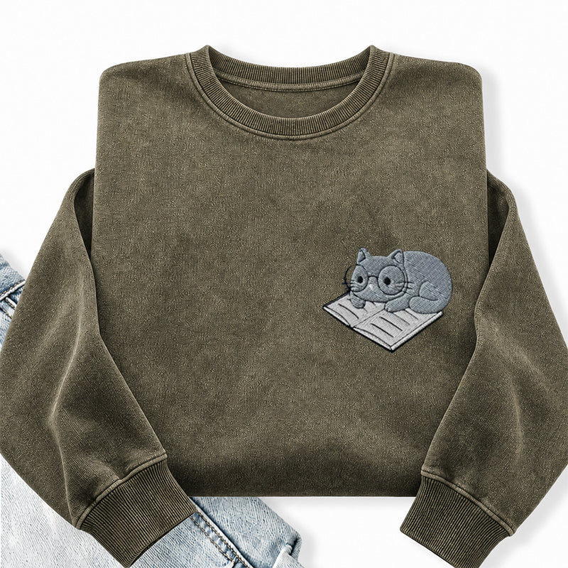 Embroidered Cat On Book Washed Crewneck Sweatshirt