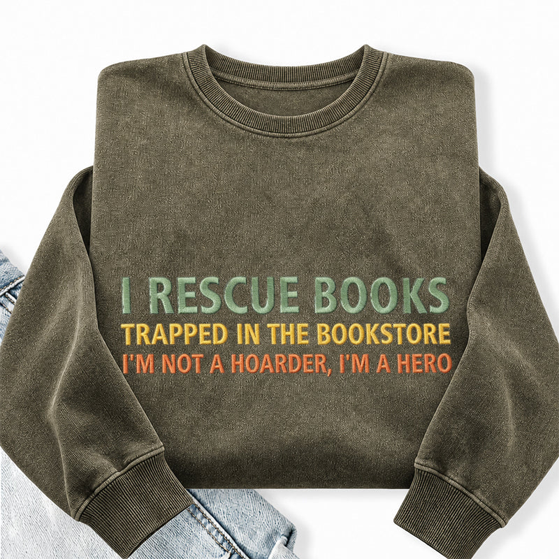 Embroidered I Rescue Books Washed Crewneck Sweatshirt