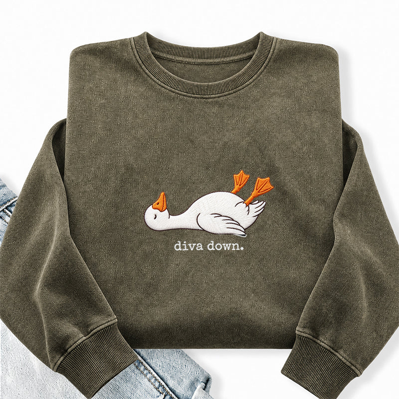 Embroidered Diva Down Goose Washed Crewneck Sweatshirt