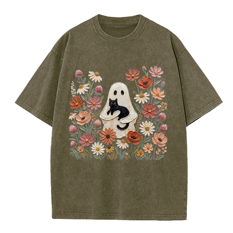 Black Cat Floral Ghost Washed Crew Neck T-Shirt