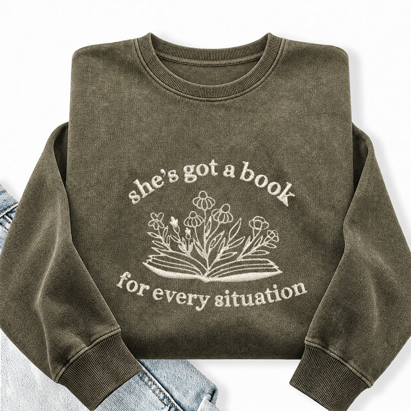 Embroidered She's Got A Book Washed Crewneck Sweatshirt