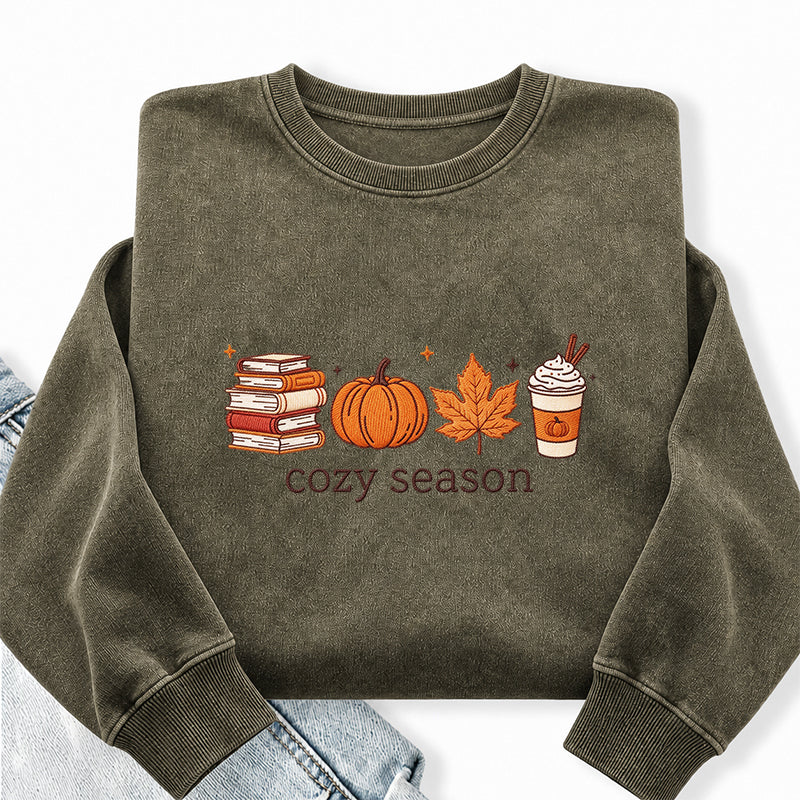 Embroidered Cozy Seasons Book Lover Washed Crewneck Sweatshirt