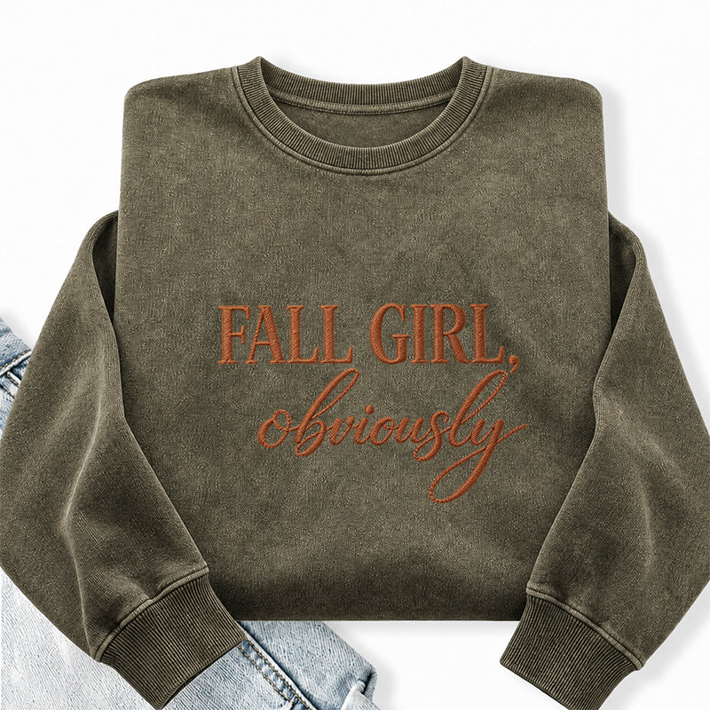 Embroidered Fall Girl Obviously Washed Crewneck Sweatshirt