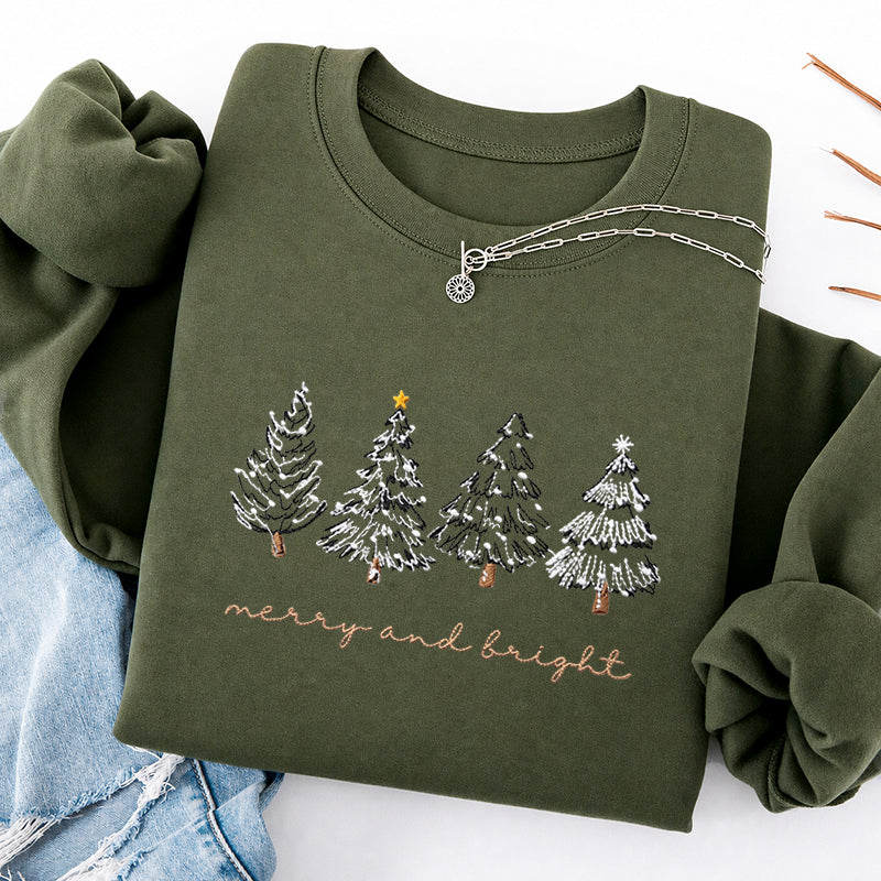 Embroidered Merry & Bright Christmas Tree Classic Crewneck Sweatshirt