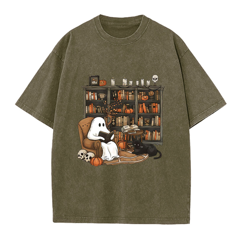 Retro Ghost Reading Washed Crew Neck T-Shirt