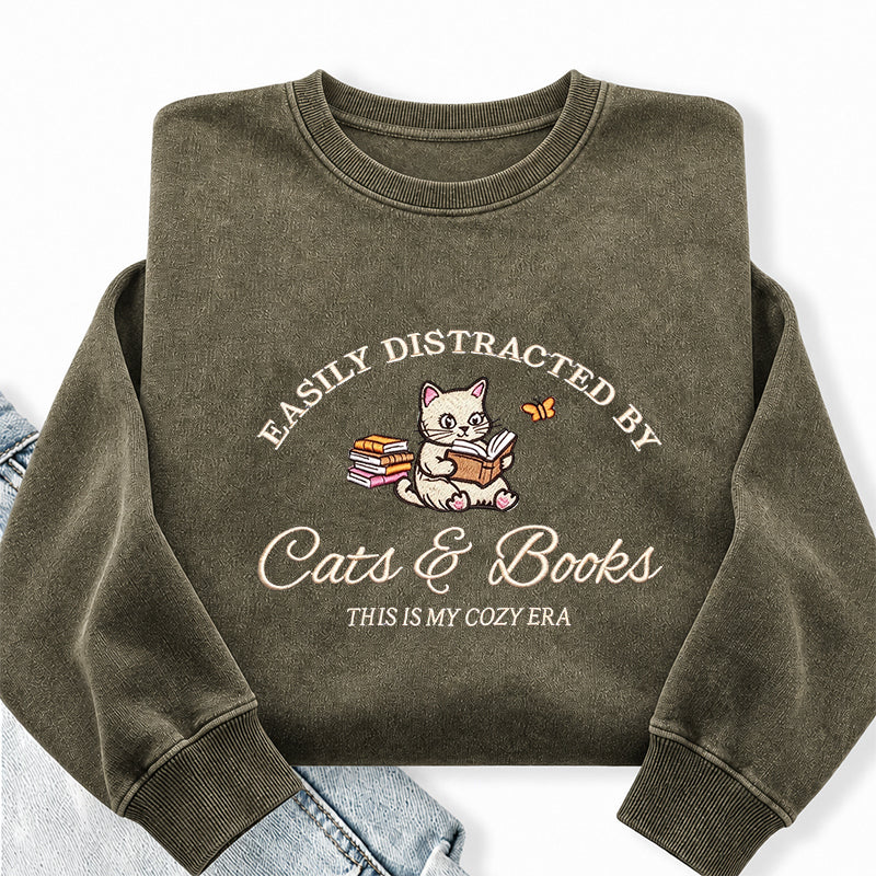 Embroidered Distracted By Cats and Books Washed Crewneck Sweatshirt