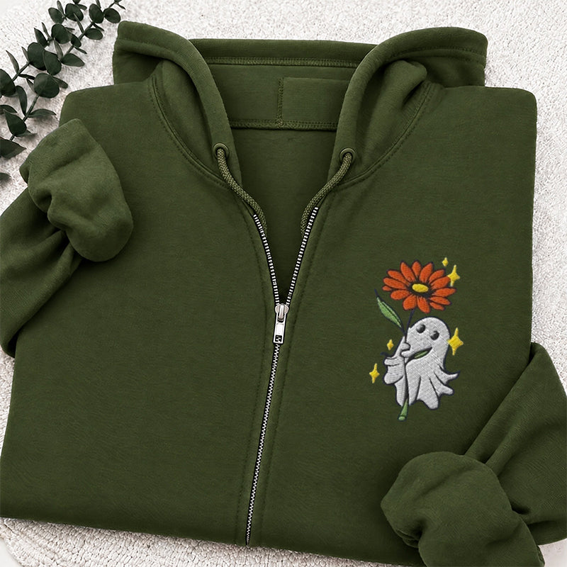 Embroidered Ghost Holding a Flower Classic Adult Unisex Full Zip Hoodie