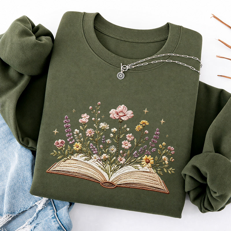 Embroidered Floral Book Classic Crewneck Sweatshirt
