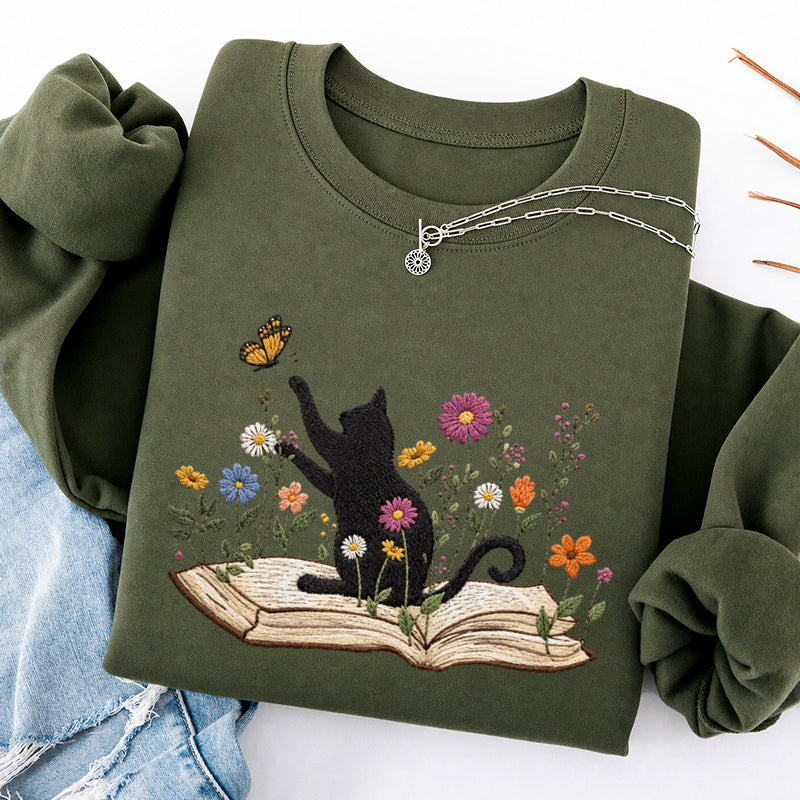 Embroidered Floral Book Cat Classic Crewneck Sweatshirt