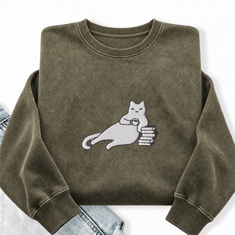 Embroidered Bookish Cat Drinking Coffee Washed Crewneck Sweatshirt