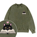 Embroidered Reading Black Cat Washed Crewneck Sweatshirt
