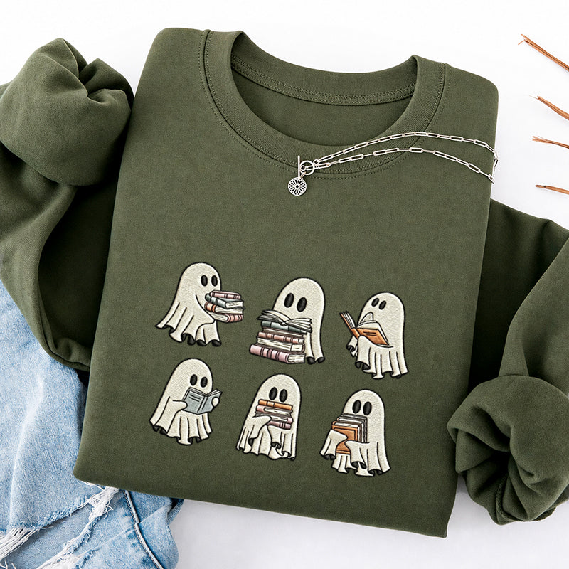 Embroidered Halloween Ghost Reading Classic Crewneck Sweatshirt